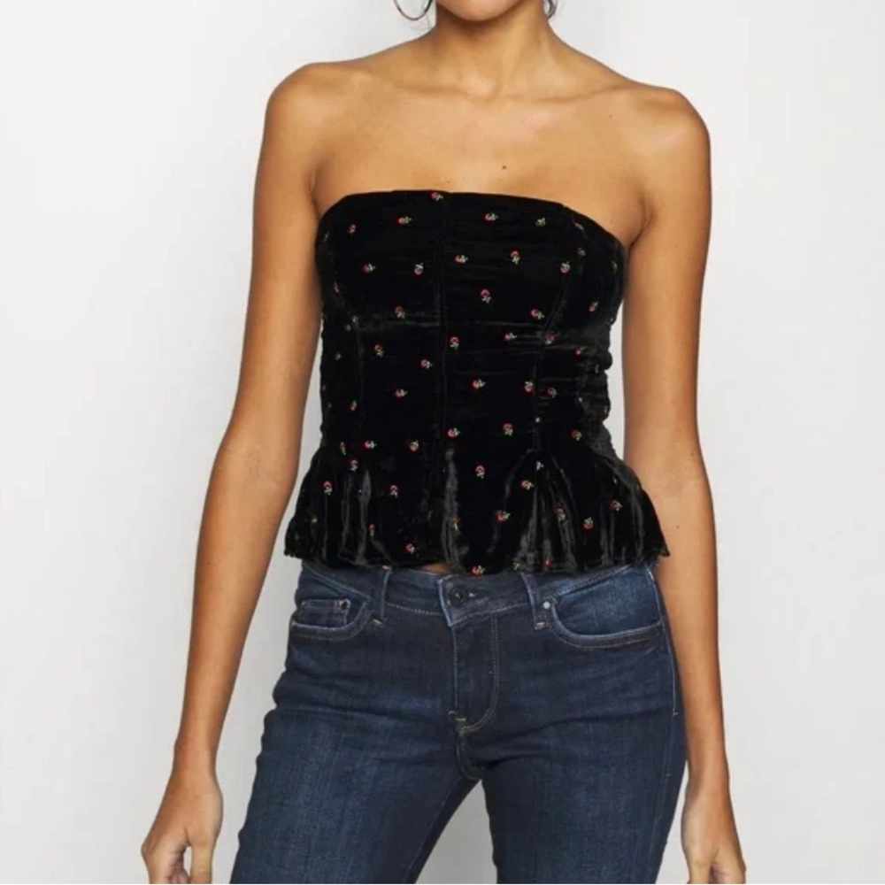 Free People Rosie Embroidered Black Velvet Bustier Top